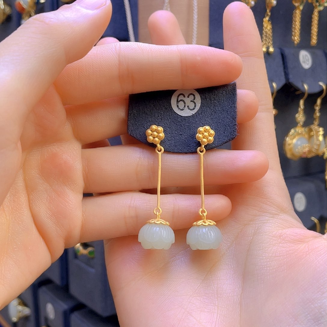 和田玉耳饰银S925镀金镶嵌