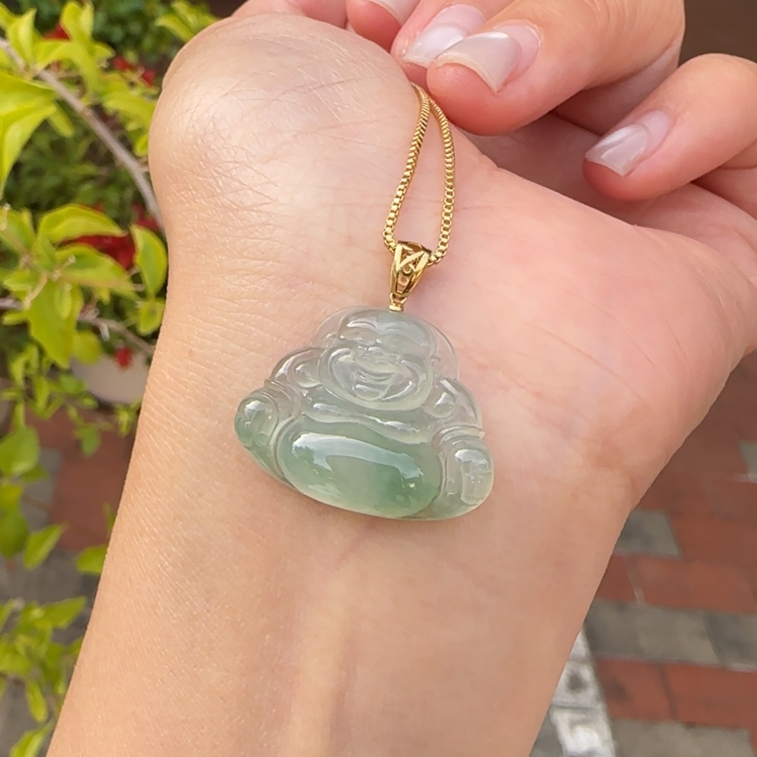 翡翠18K金镶嵌颈饰冰飘绿花佛公