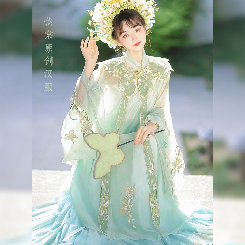 岱棠原创汉服明制云肩斜襟立领长衫齐腰褶裙仿簪花春夏季薄款套装