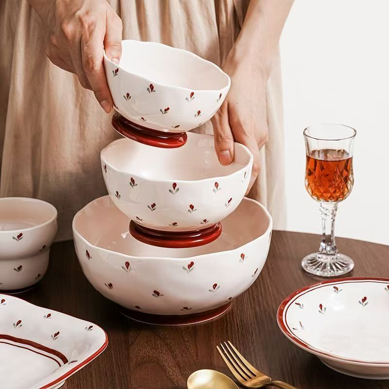 花小语6英寸嘉木高脚碗新款奶油清新釉下彩面碗