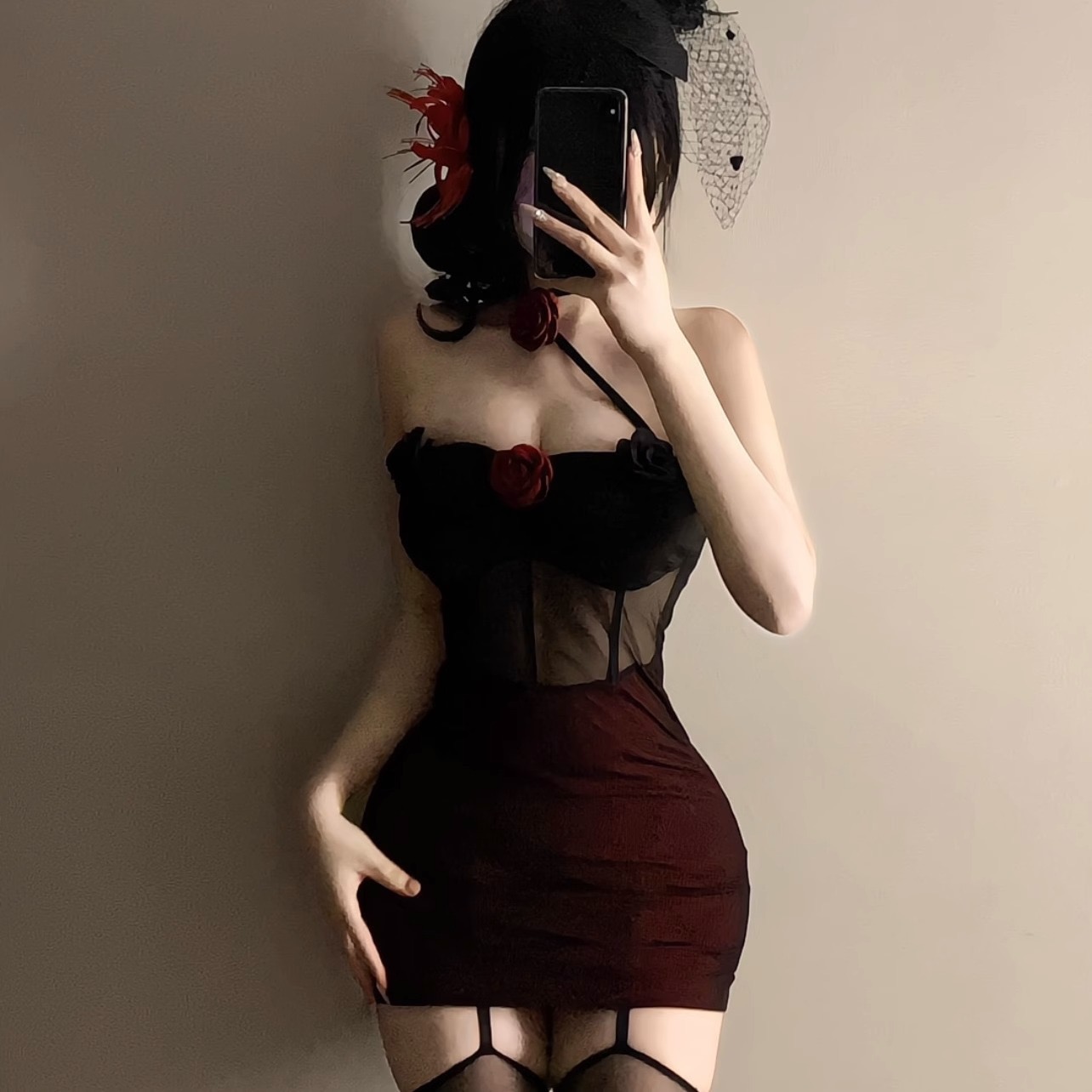 女时尚蕾丝拼接性感玫瑰色一字肩带睡衣睡裙家居内衣