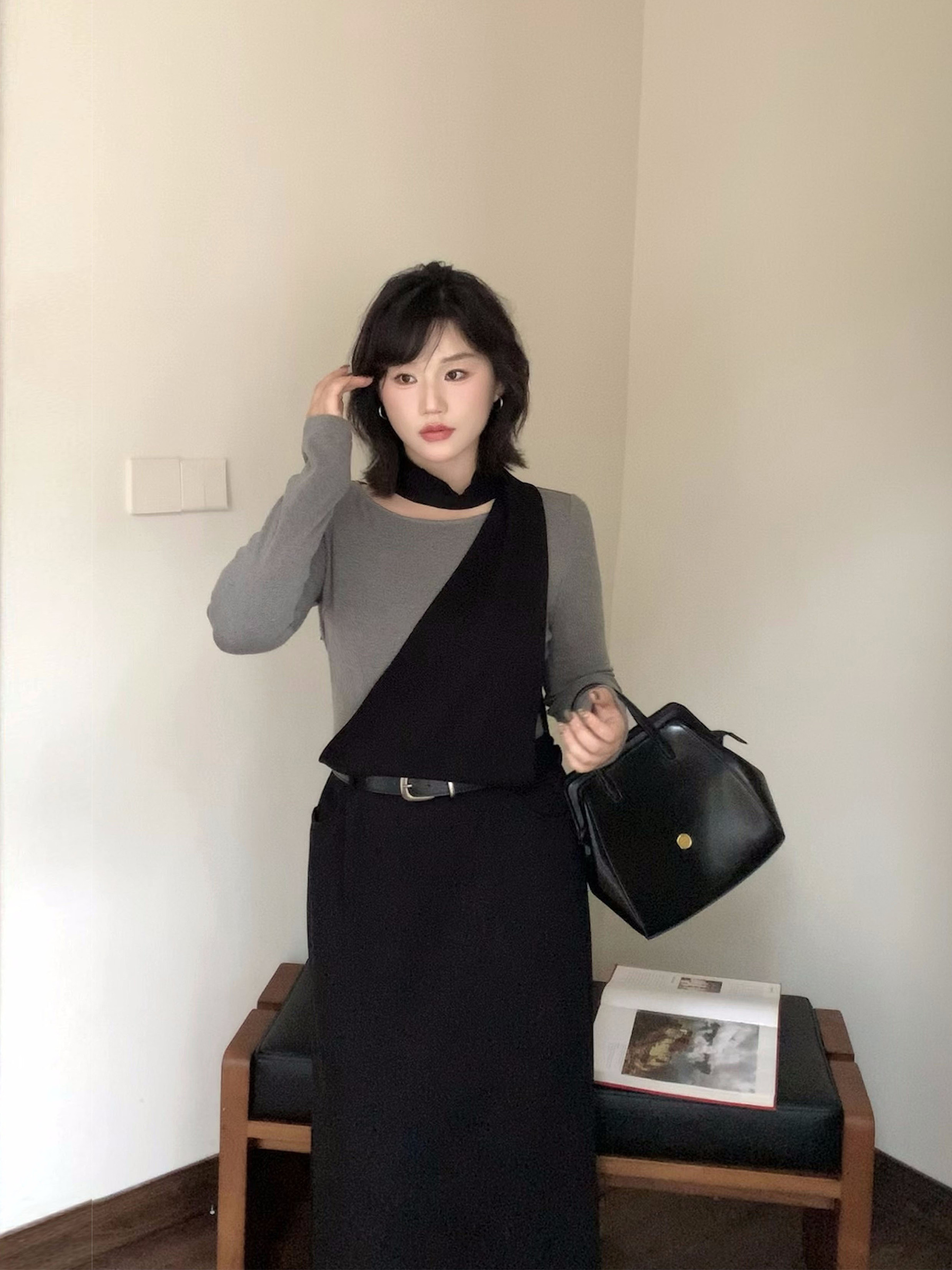 月半鱼【内购会】假两件慵懒挂脖假两件连衣裙新款小众设计感长裙