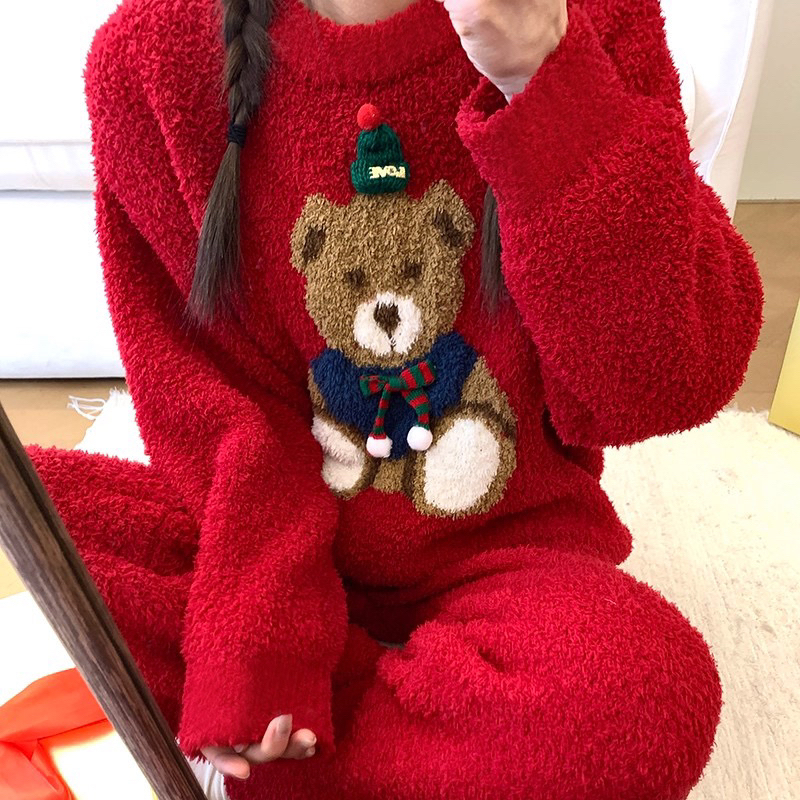 可爱小熊红色半边绒睡衣加绒甜美可爱女冬季加厚保暖可外穿家居服