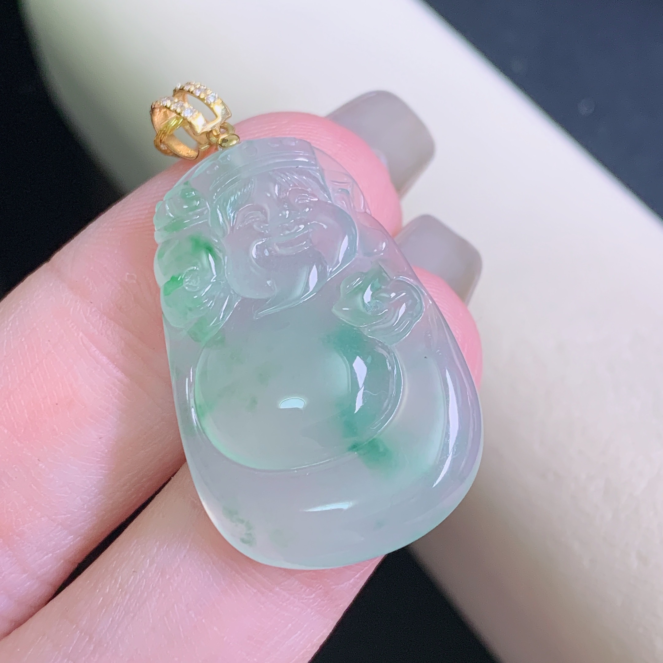 天然缅甸a货翡翠冰种冰透飘花财神爷吊坠高品质揭阳精品女玉石