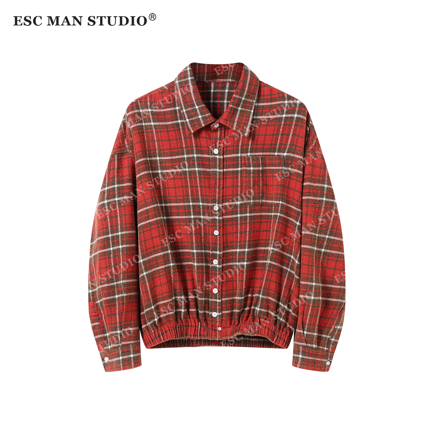 ESC MAN STUDIO/自制 复古做旧感格子衬衫松紧下摆落肩上衣