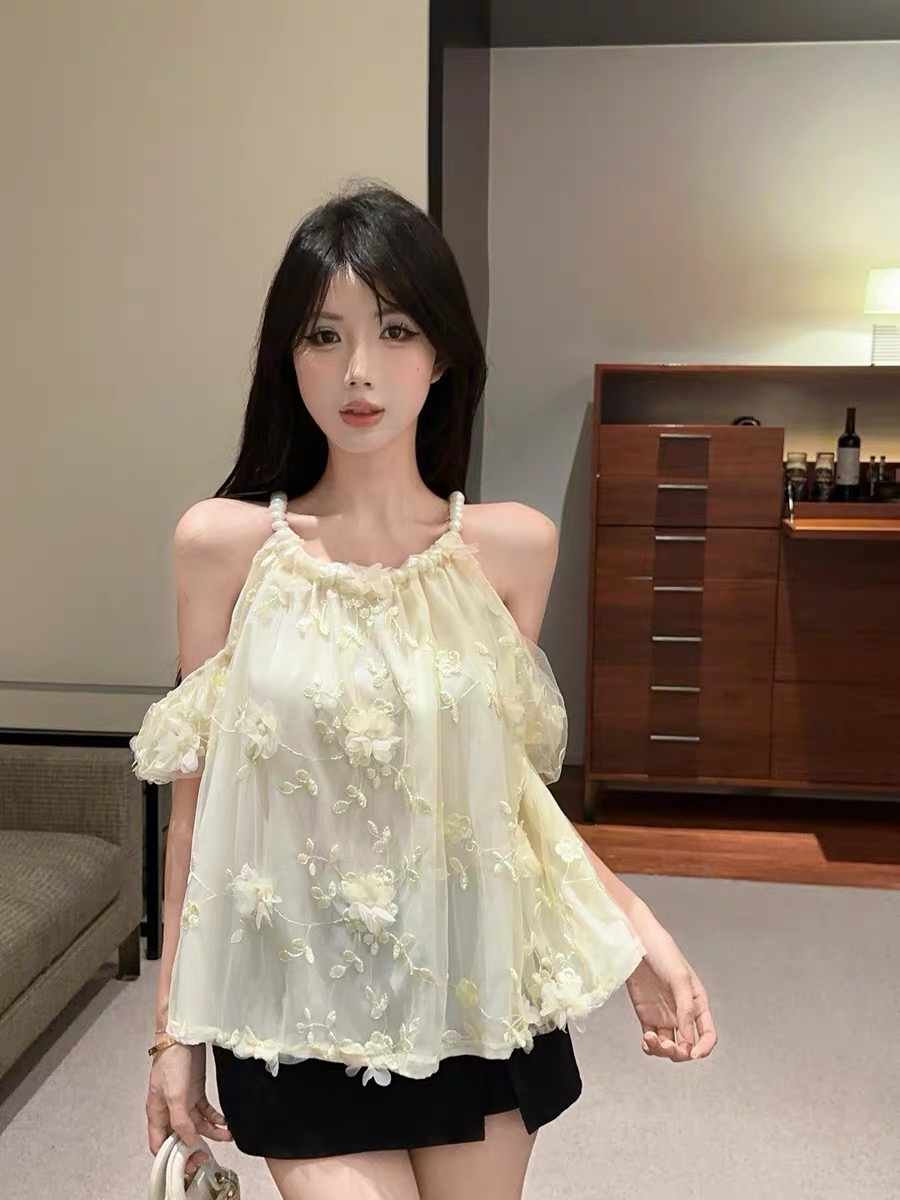 法式无袖露肩短款开衫宽松型碎花圆领性感拼接设计感夏韩版蕾丝衫