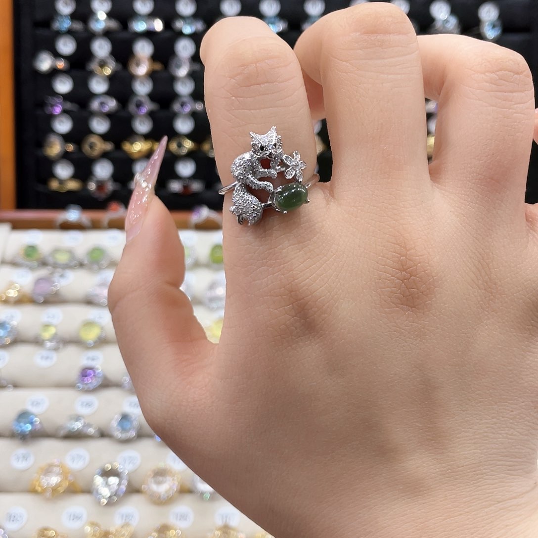 蛇纹石玉戒指银S925镶嵌