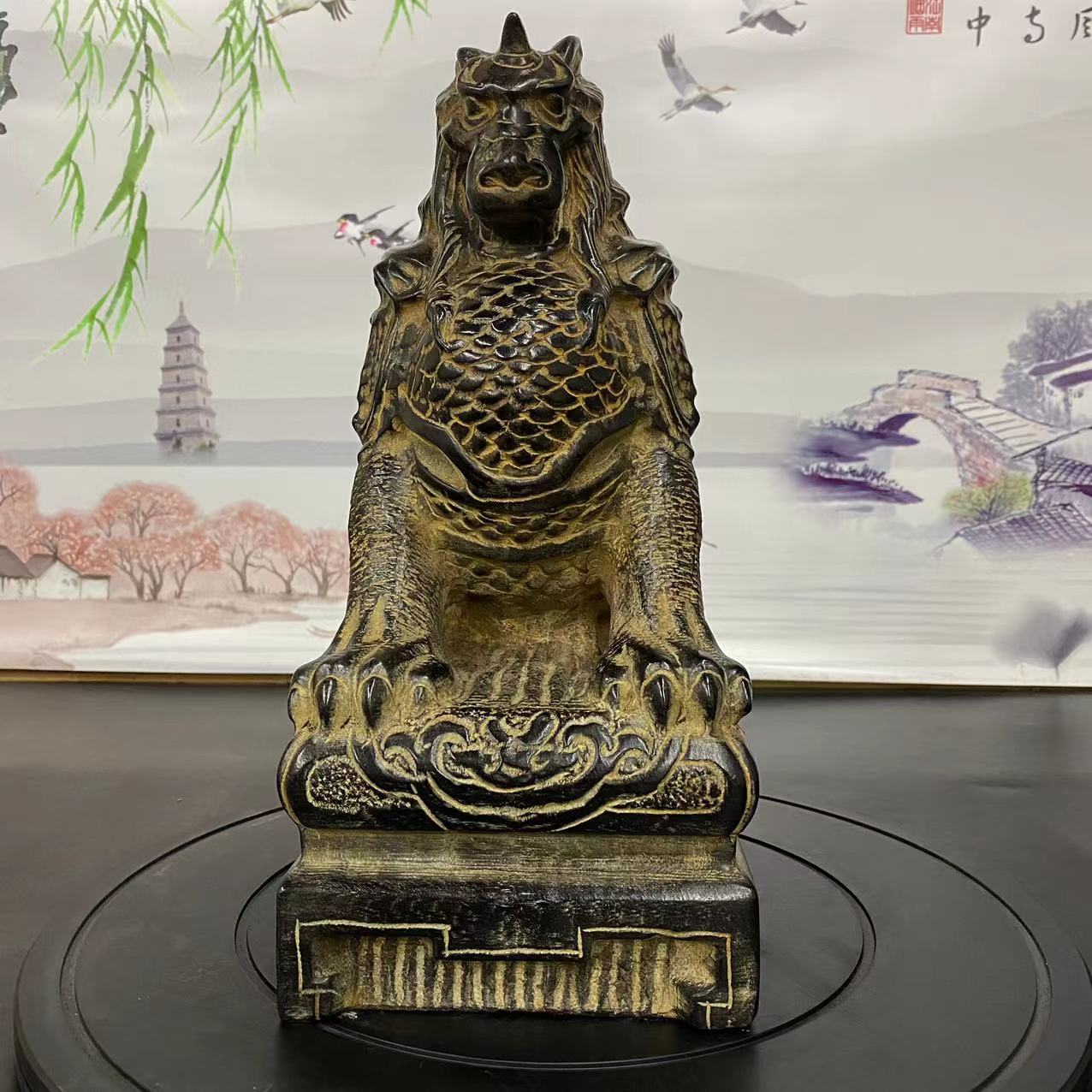 山西青石獬豸羽林将军貔貅【高35厘米】茶室会所办公室桌面摆件