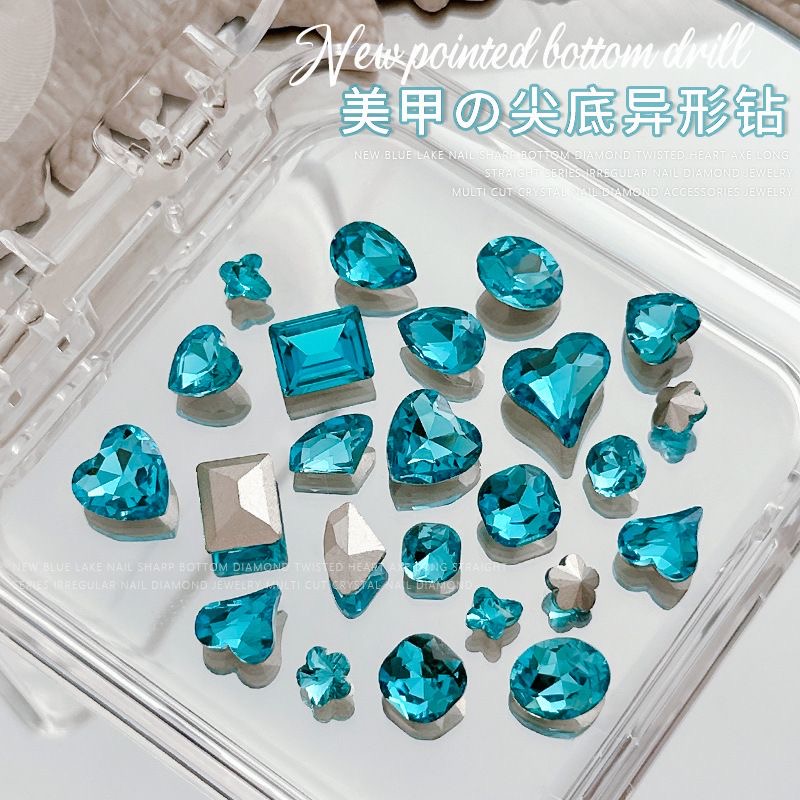 宝石蓝尖底异形钻湖蓝色美甲钻饰品新款混款尖底钻美甲饰品显白