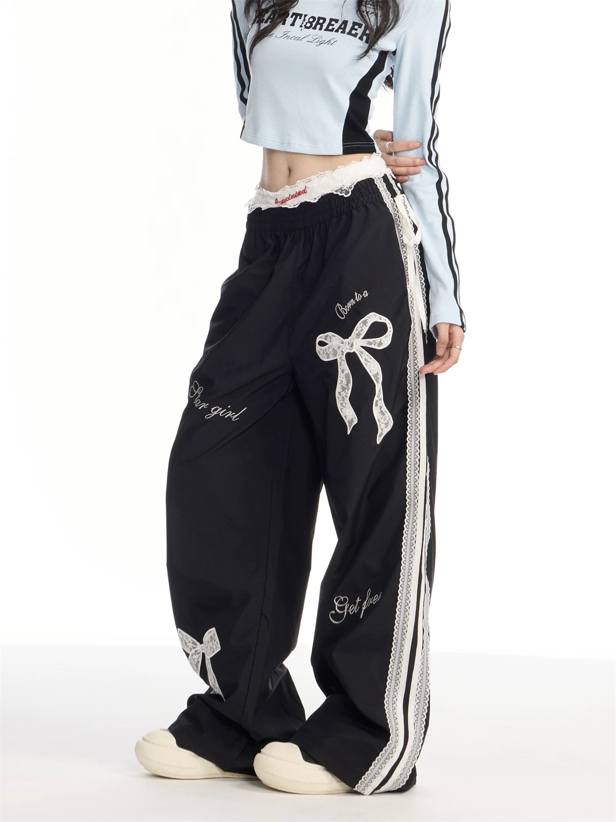 春夏蝴蝶结美式复古蕾丝休闲裤直筒裤爵士舞裤