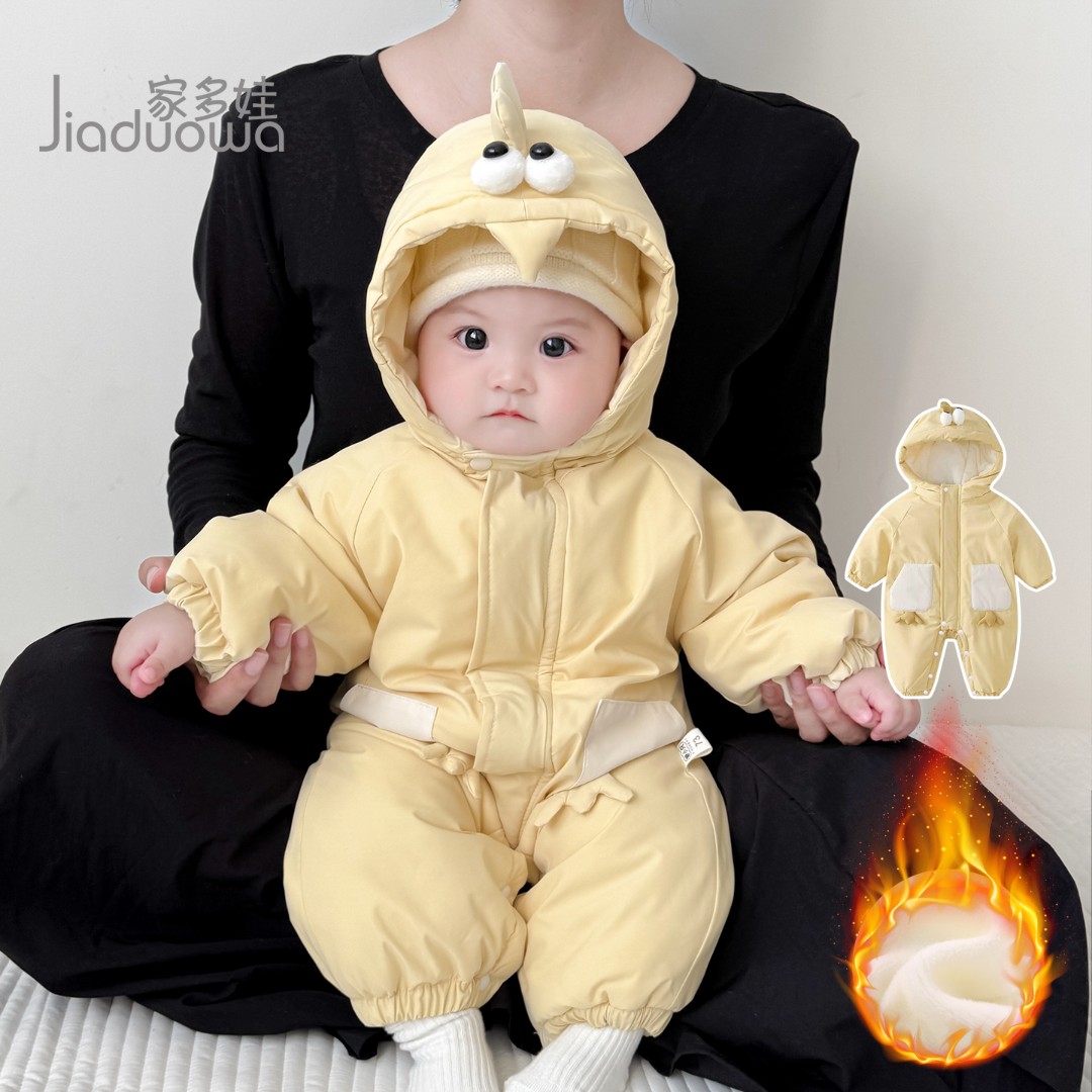 宝宝冬季外出棉服连体衣加绒加厚小月龄婴儿连帽冲锋衣服初冬外套