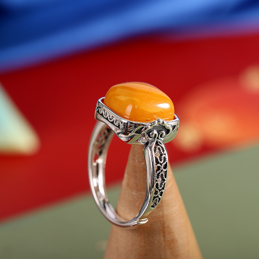 S925银做旧泰银方形蜜蜡戒指女小众设计复古百搭开口指环