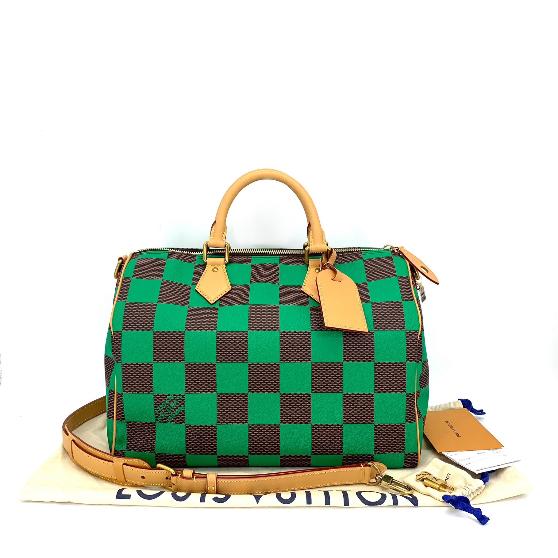 99新 LouisVuitton/路易威登 闲置Speedy40绿棋盘格手提尺寸40/26