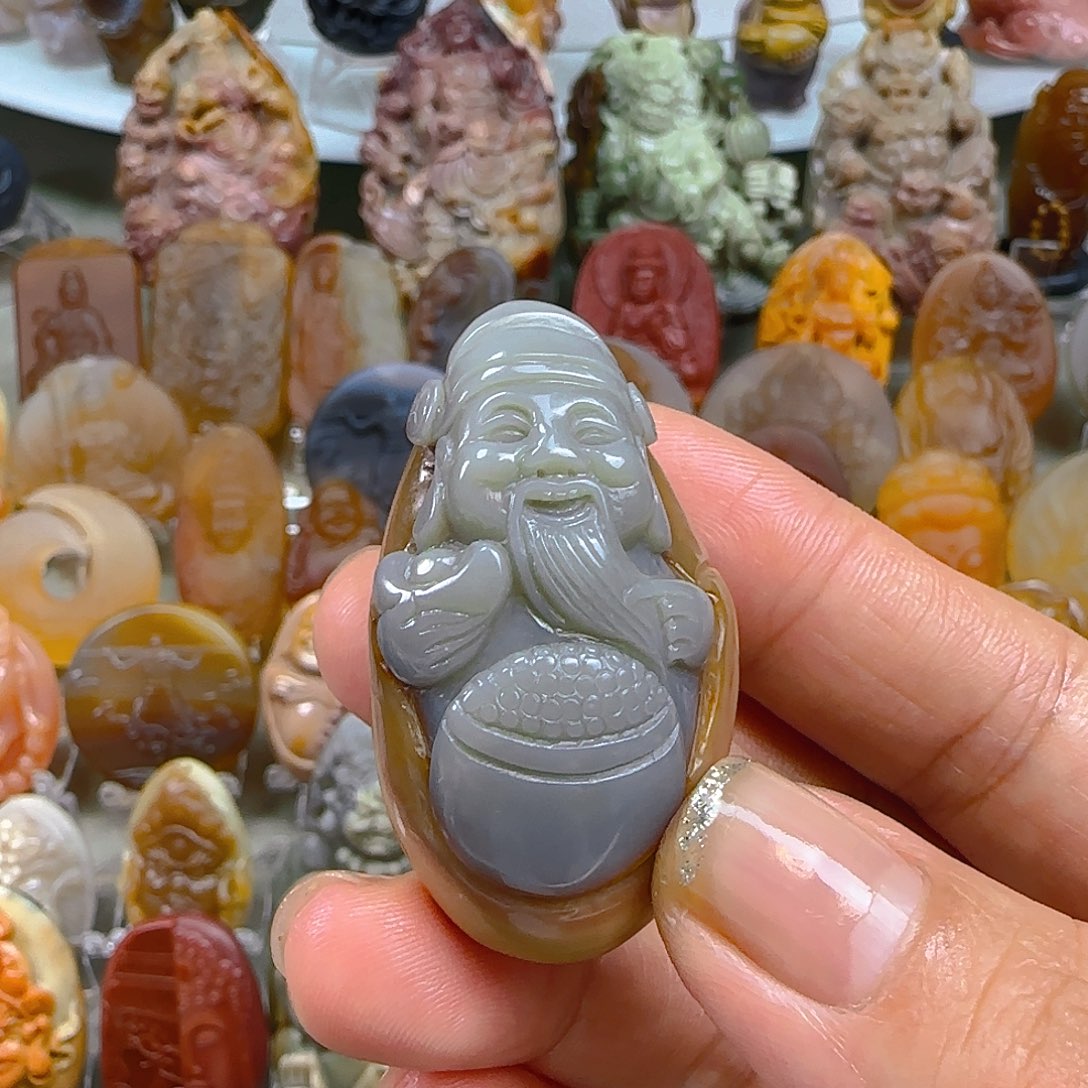 石英质玉1未镶嵌天然阿拉善彩玉纯手工雕刻财神吊坠