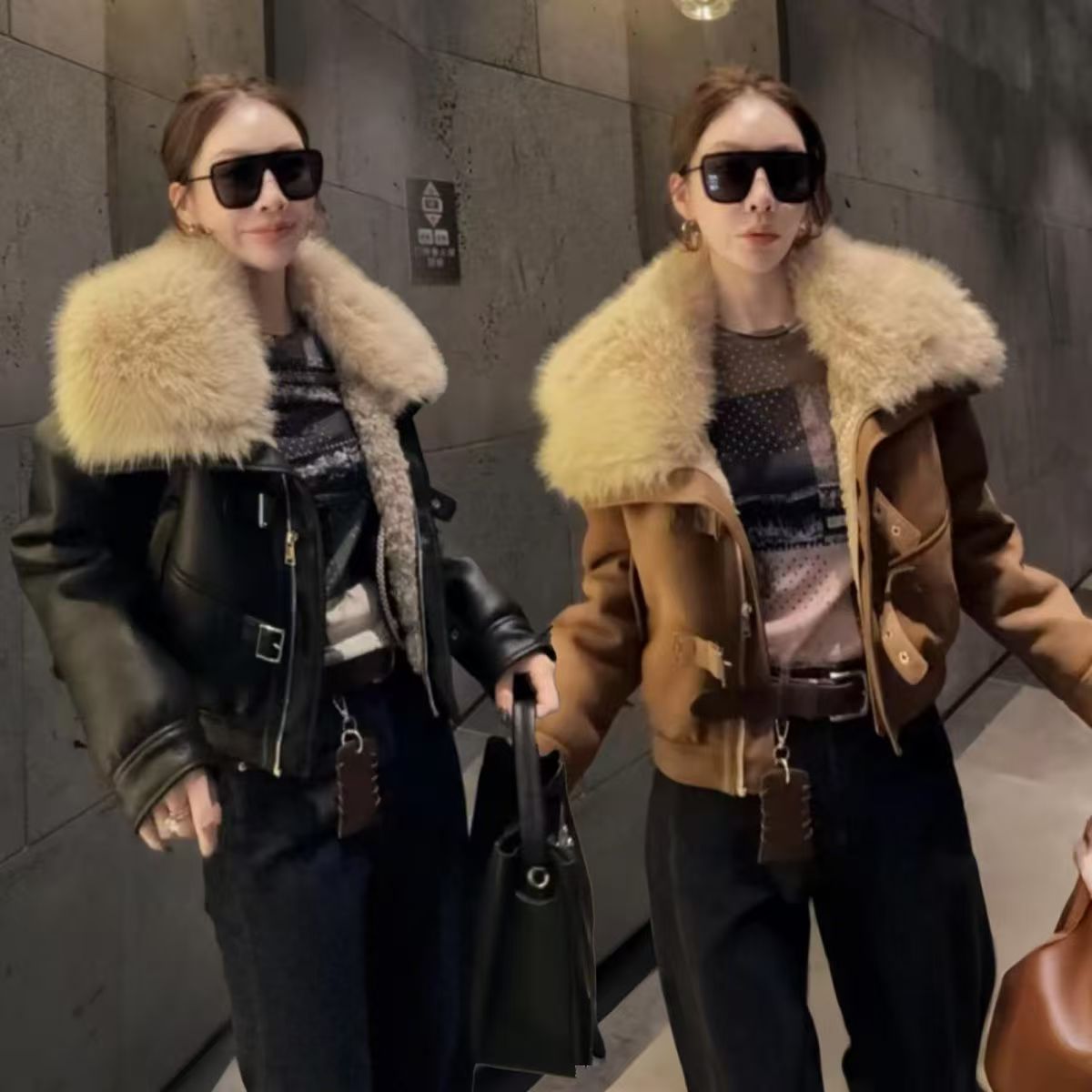 韩版秋冬新款加厚黑色女款外套网红时尚气质宽松拼接保暖翻领上衣