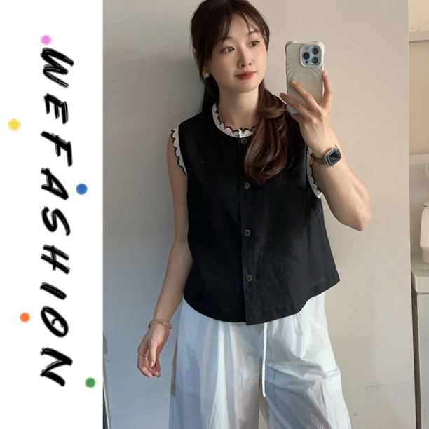 【WE】韩系撞色花边圆领无袖背心