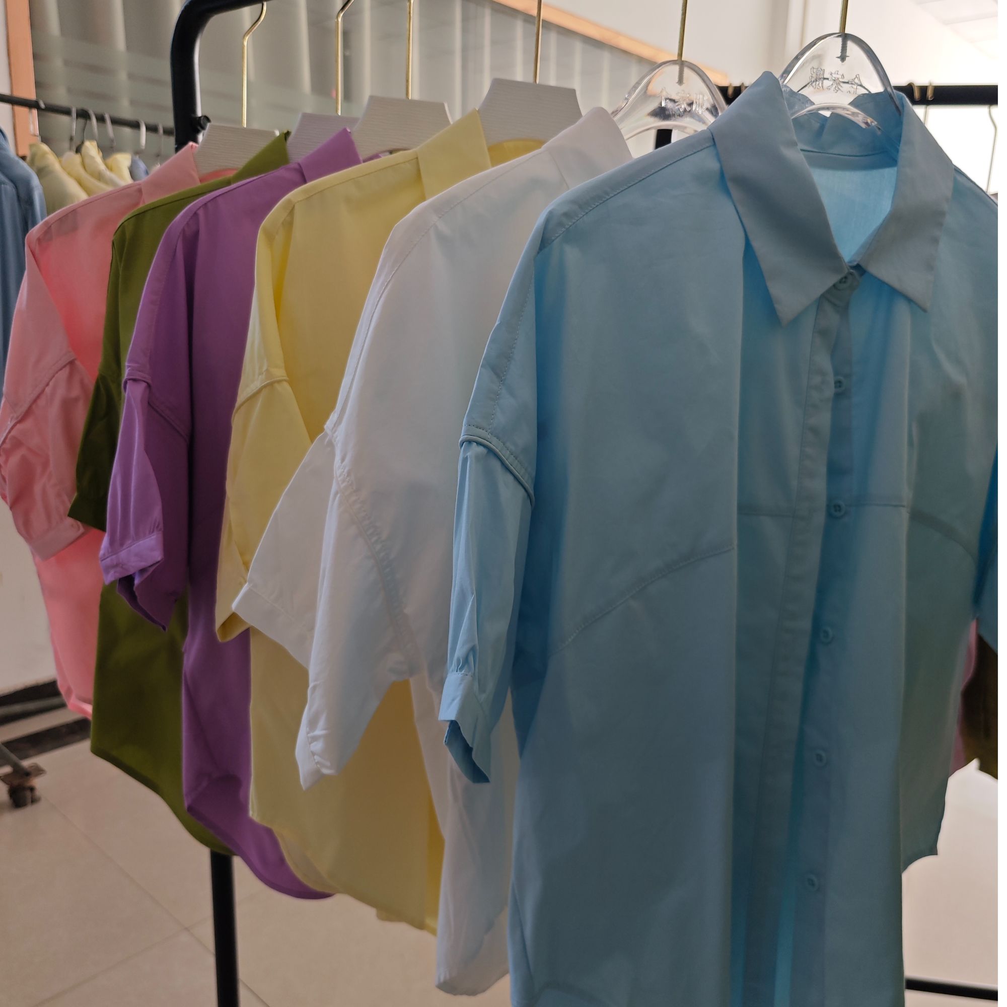 全棉短袖夏季宽松拼接翻领纯色女衬衫时尚家服白色蓝色