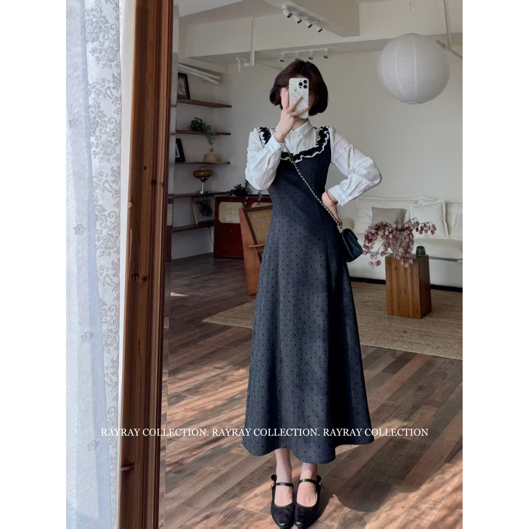 蕾英俊-白茶甜心-秋季甜飒植绒爱心假两件长袖荷叶边连衣裙