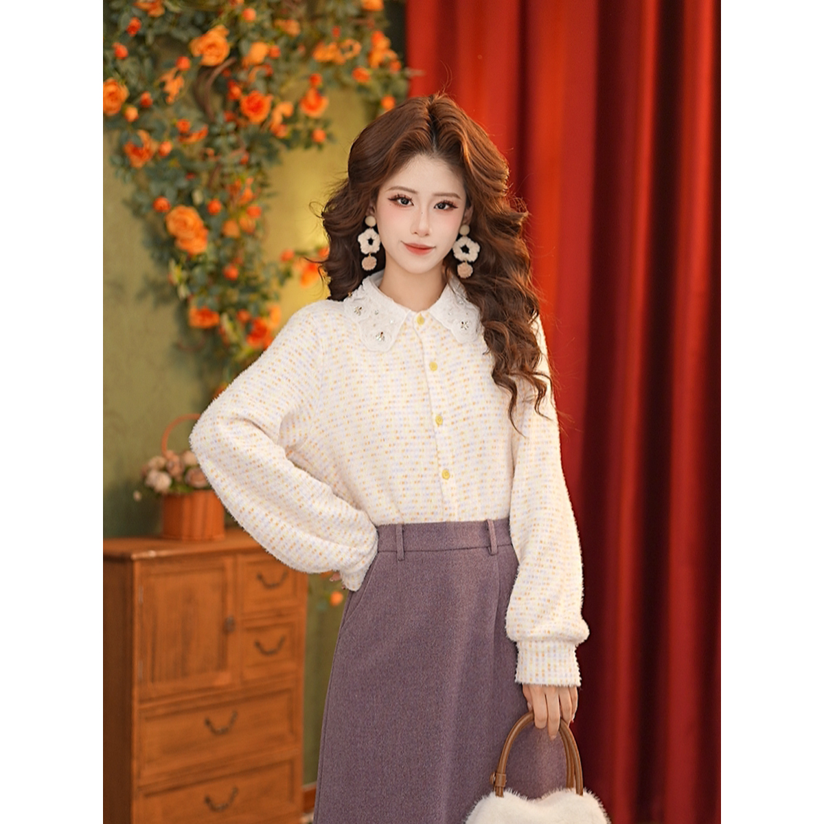 DaYuanSAD张嘉圆【怀蝶】蕾丝设计感长袖衬衣上衣女叠穿衬衫#S15145