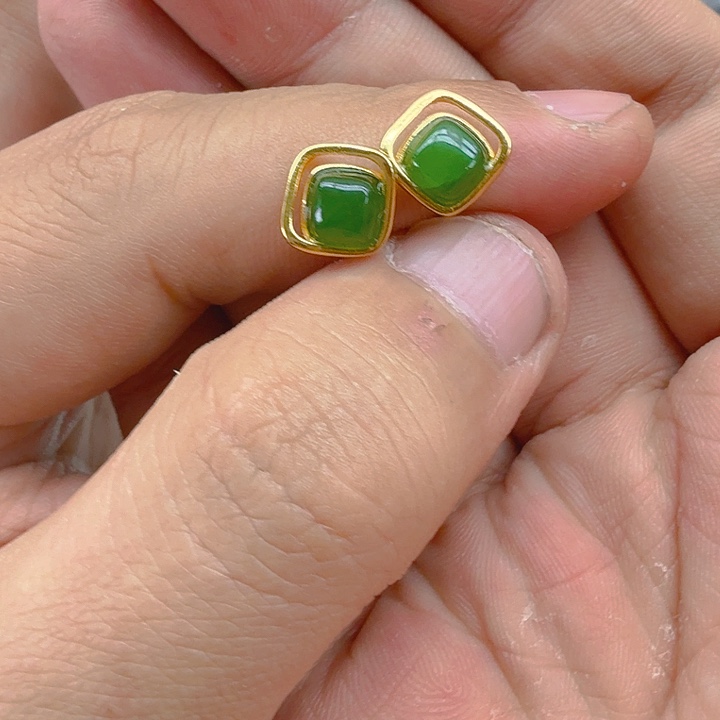 和田玉（碧玉）耳饰银S925镀金镶嵌