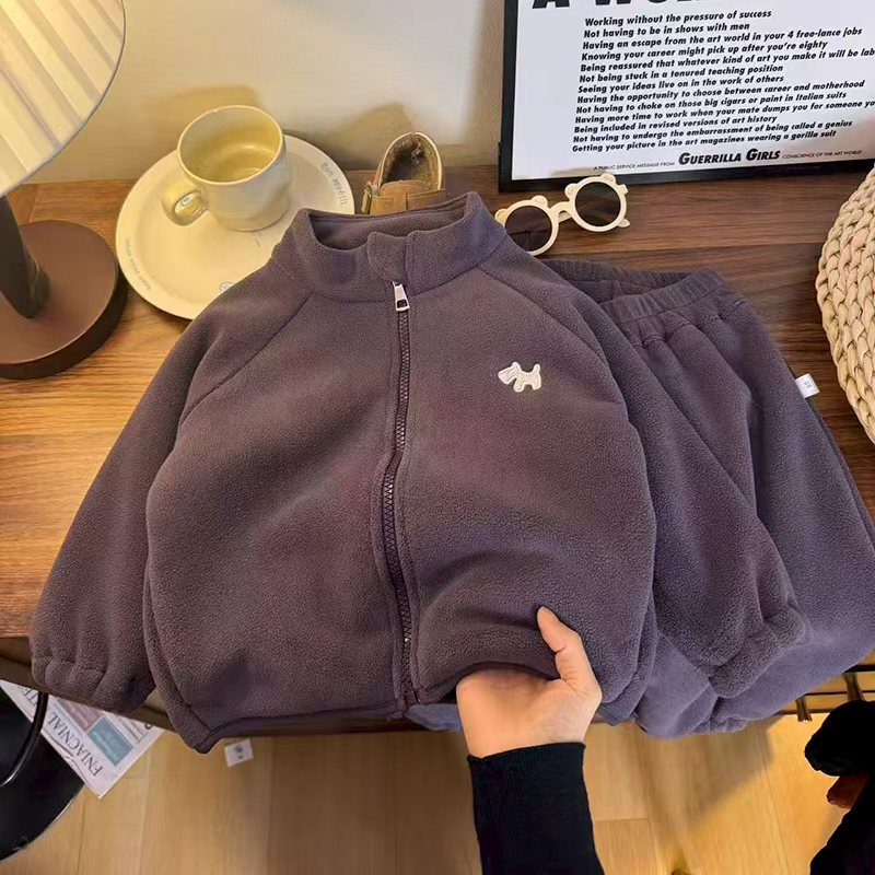 加绒加厚奥利绒套装双面绒外穿两件套卡通拉链百搭秋冬季外出套装