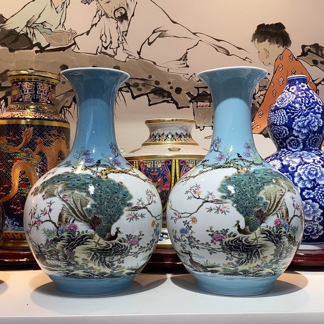 摆件陶对称一对35cm国色天香赏瓶