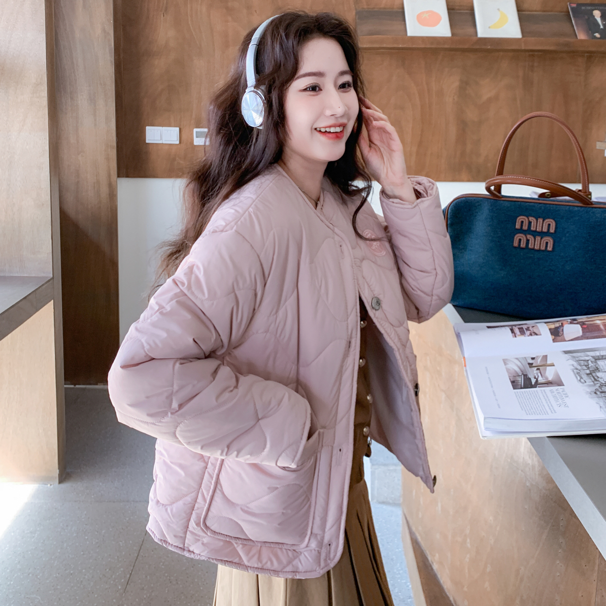 心动 502秋款薄棉曲线百搭温柔棉服外套时尚圆领减龄休闲