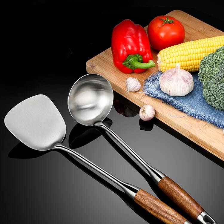 不锈钢锅铲厨房木柄炒菜铲子烹饪汤勺家用勺子防烫防滑厨具