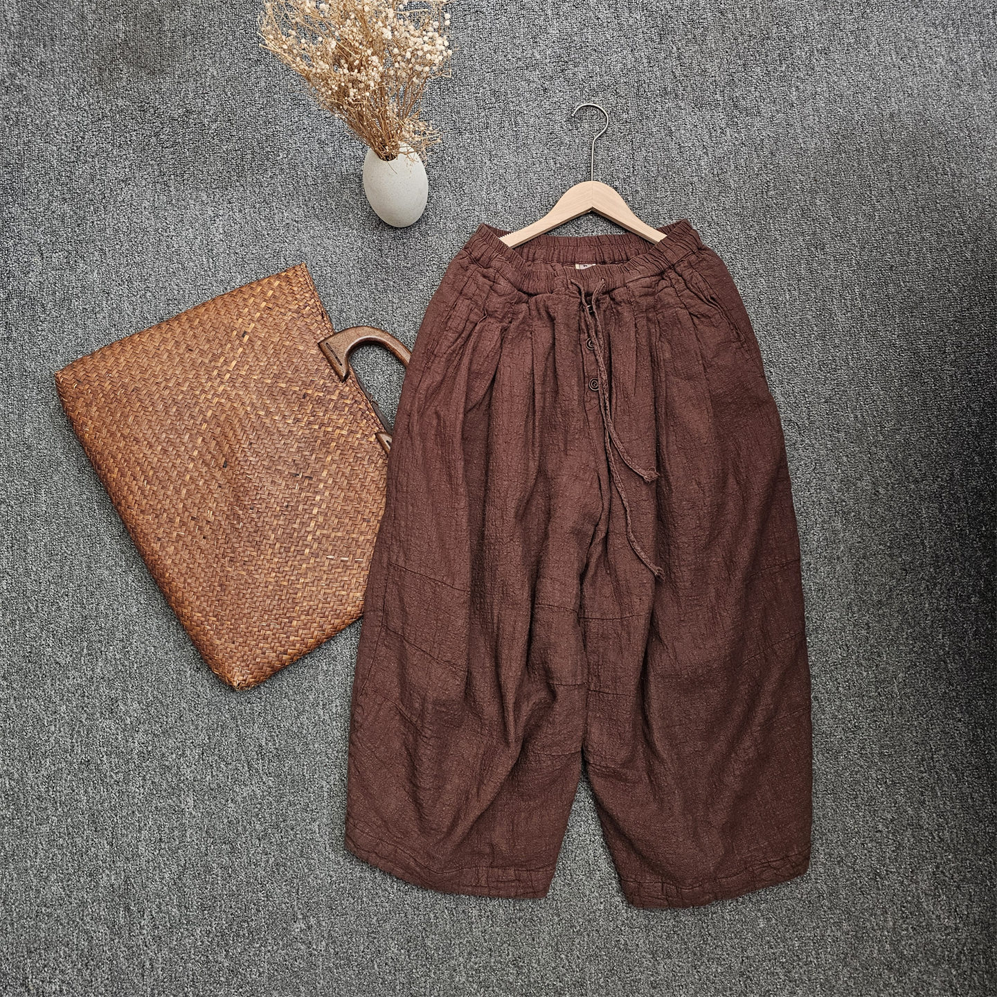 文艺亚麻捏褶拼接三粒扣系带夹棉阔腿棉裤冬季新款百搭休闲女长裤