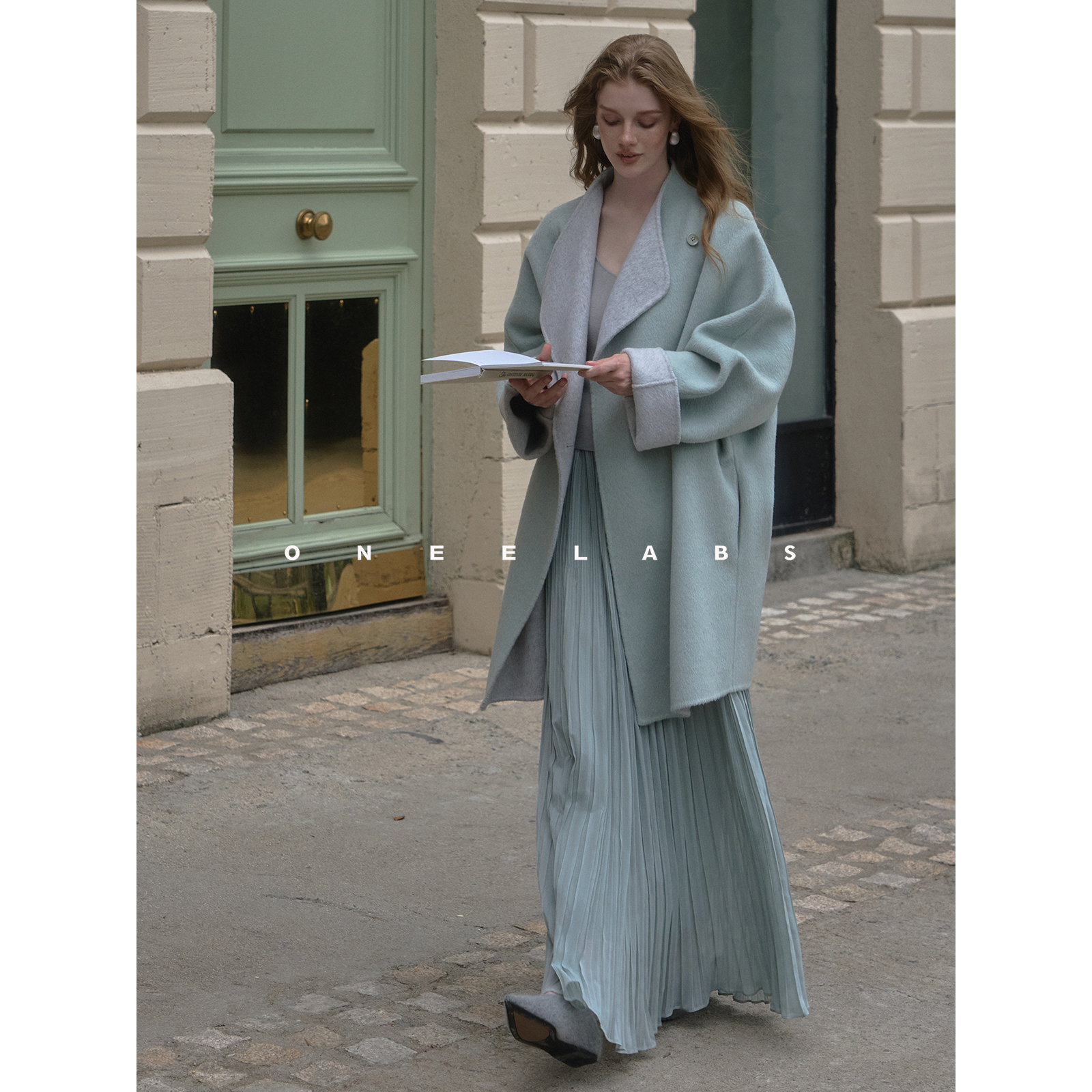 ONEELABS品牌女装 可两面穿 绵羊毛双面呢大衣女秋冬蓝色毛呢外套