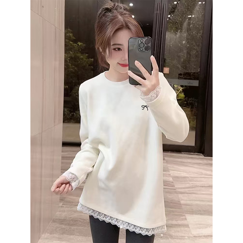 2024秋冬季新款蕾丝拼接长袖t恤女宽松圆领加绒打底衫中长款上衣