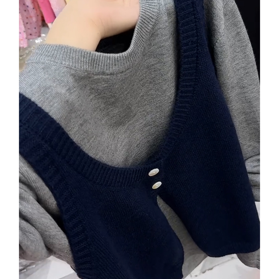 韩系减龄假两件撞色针织马甲长袖打底衫2025秋季新款大码显瘦上衣