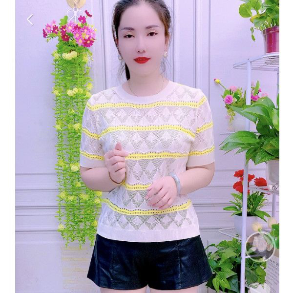 夏季新款提花挑空条纹冰丝针织衫女短袖轻薄透气圆领中袖T恤上衣