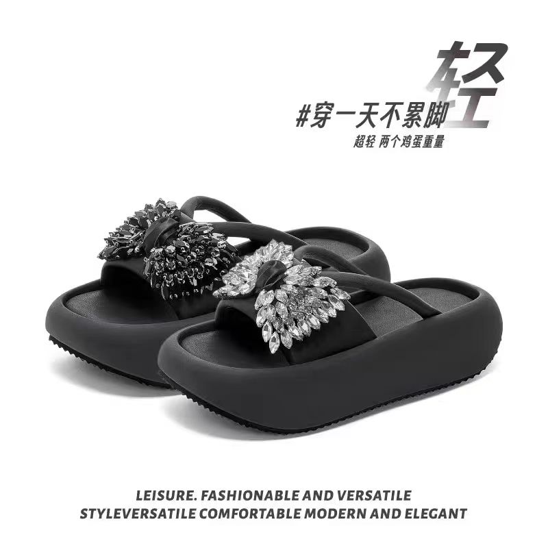 【运费补贴】D仙女风沙滩鞋新款百搭增高舒适厚底蝴蝶结水钻凉拖鞋