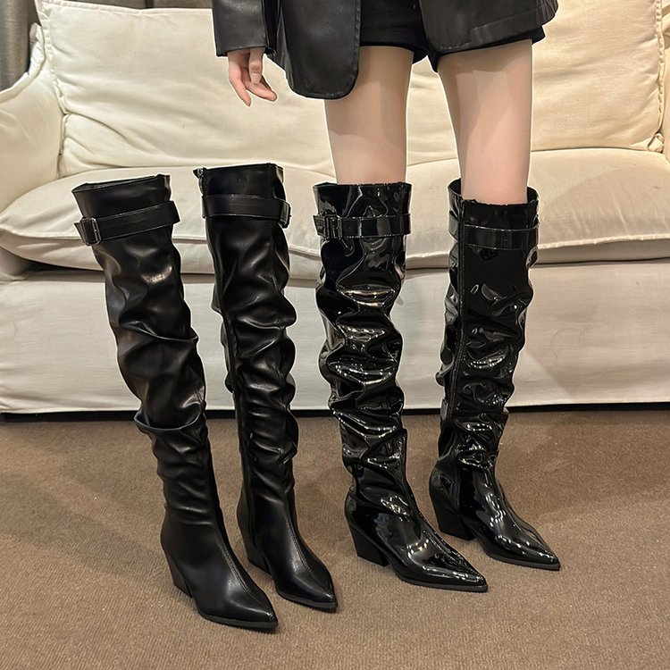 长靴女堆堆靴黑色秋冬2025年新款粗跟高跟骑士靴长筒靴小个子