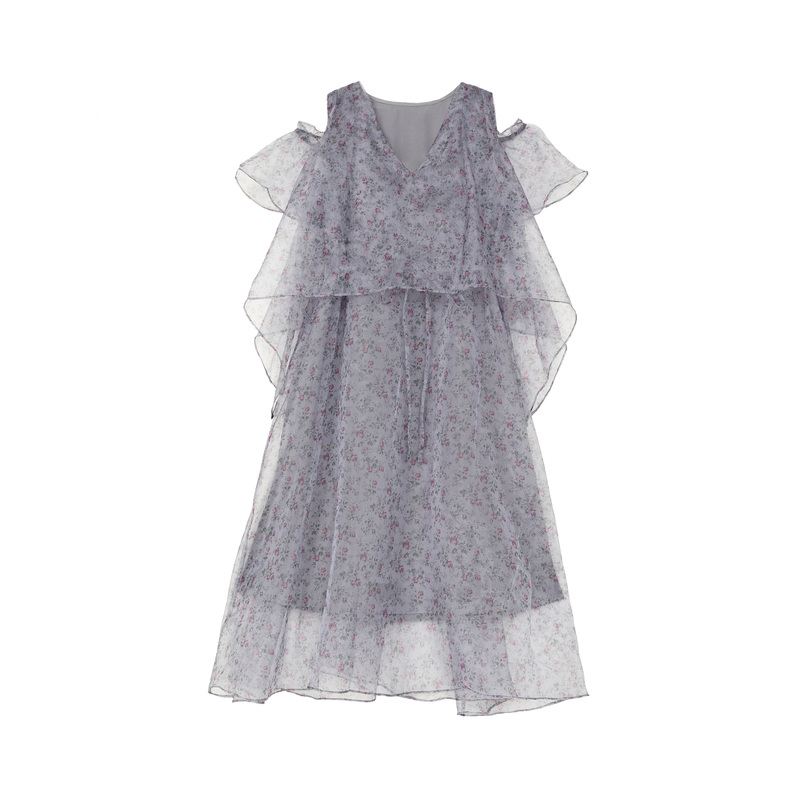 S·DEER圣迪奥女装时尚气质圆领露肩碎花网纱短袖连衣裙S223Z1250