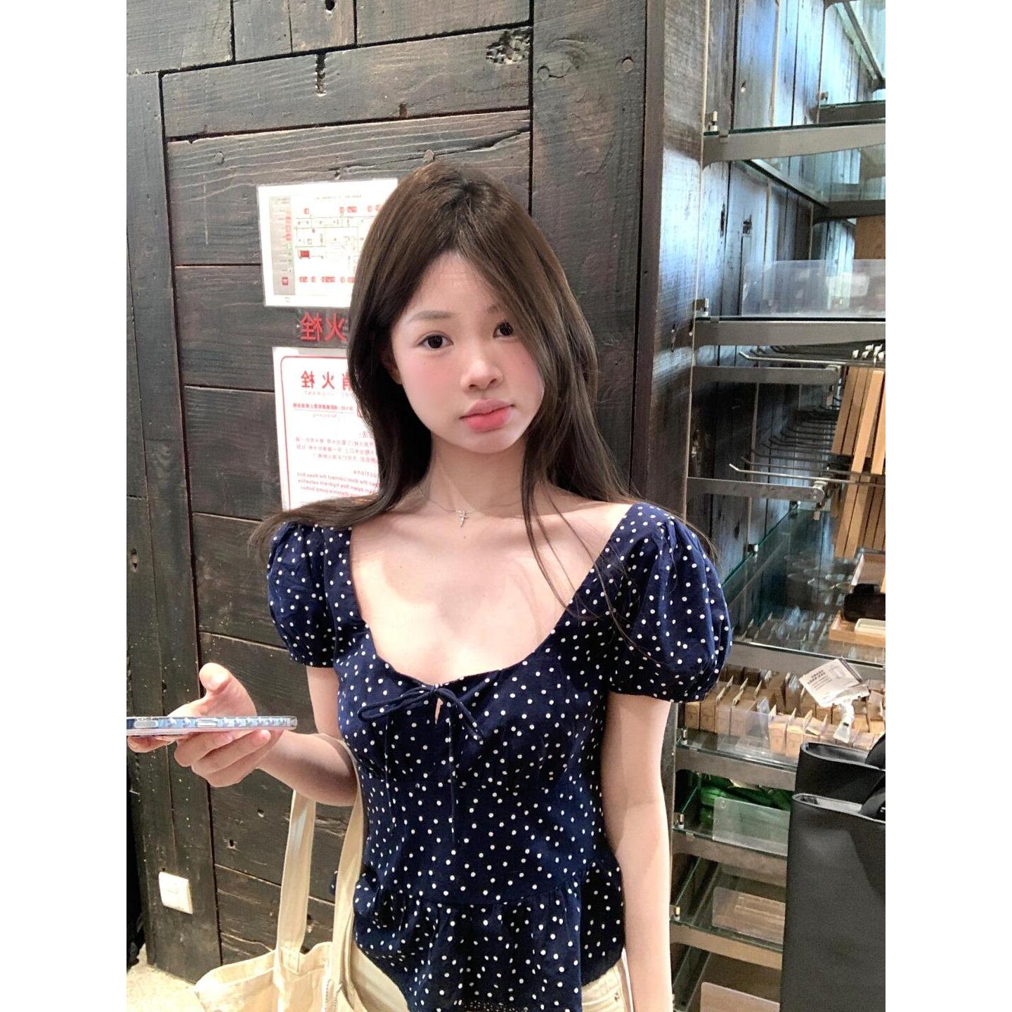 气质法式复古方领蕾丝边碎花衬衫女短袖显瘦小众T恤HD