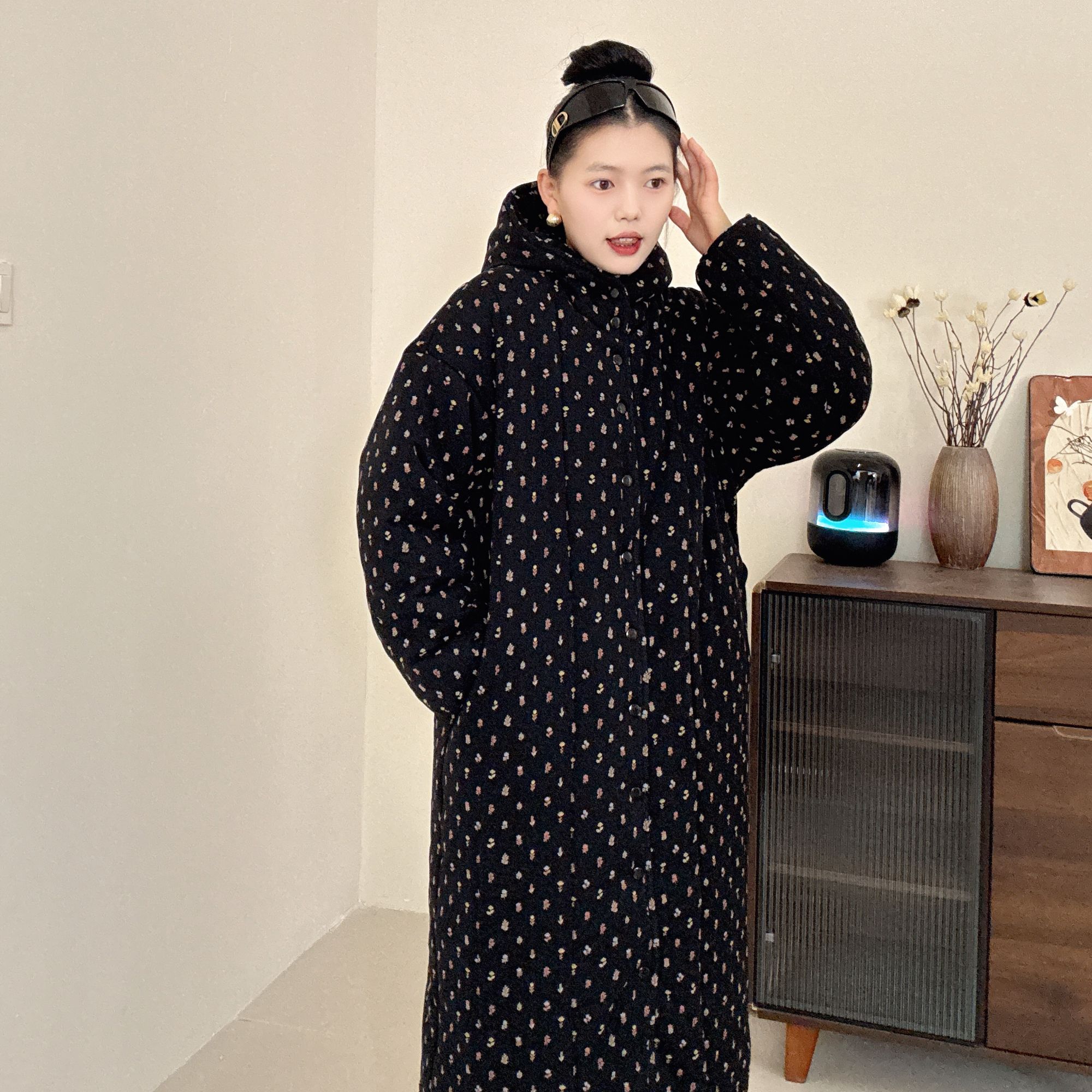 【黑底小花连帽直筒大长款】300g新疆棉宽松时尚家居服加厚冬季棉衣