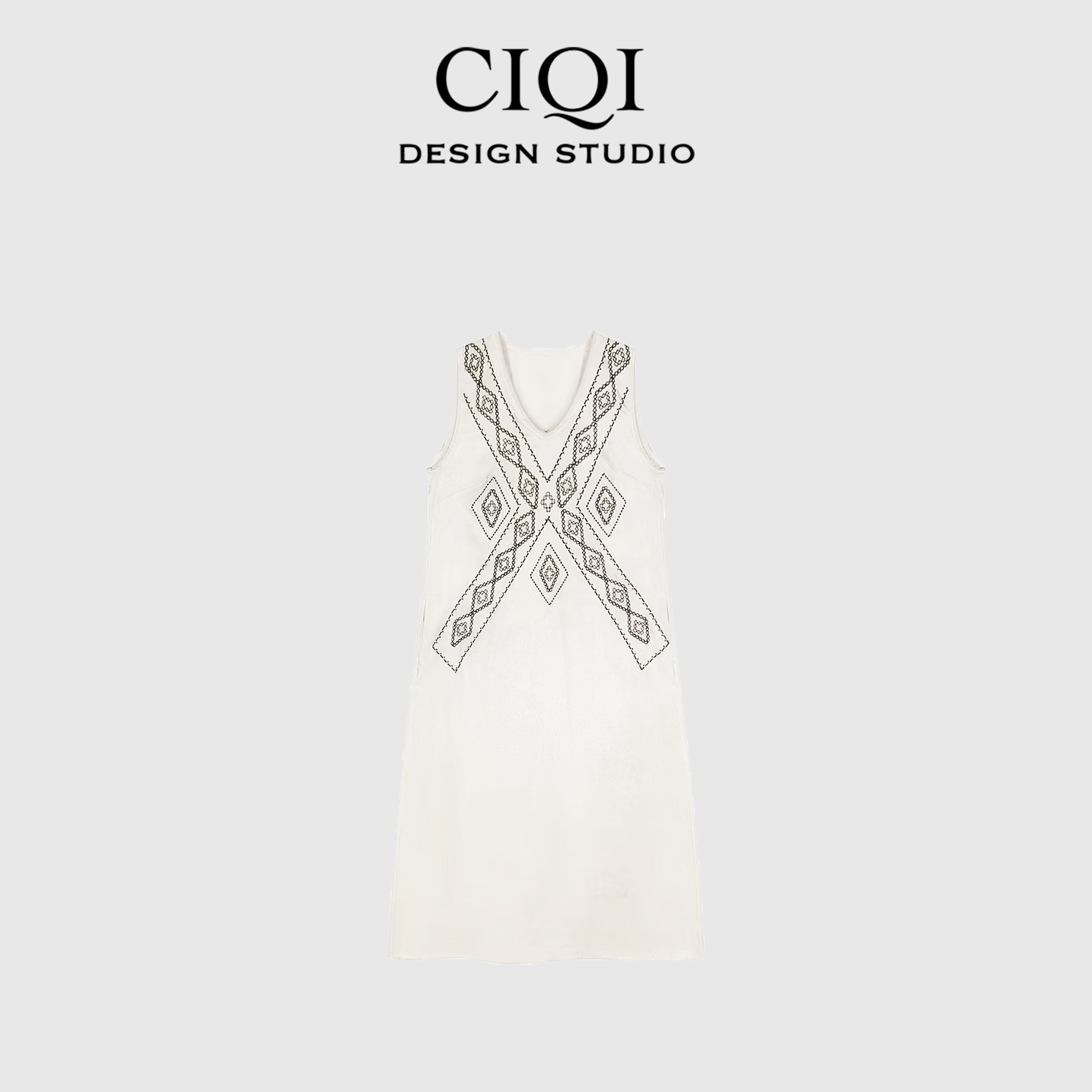 CIQI STUDIO【理想主义】夏季高级印花无袖气质宽松设计感V领连衣裙