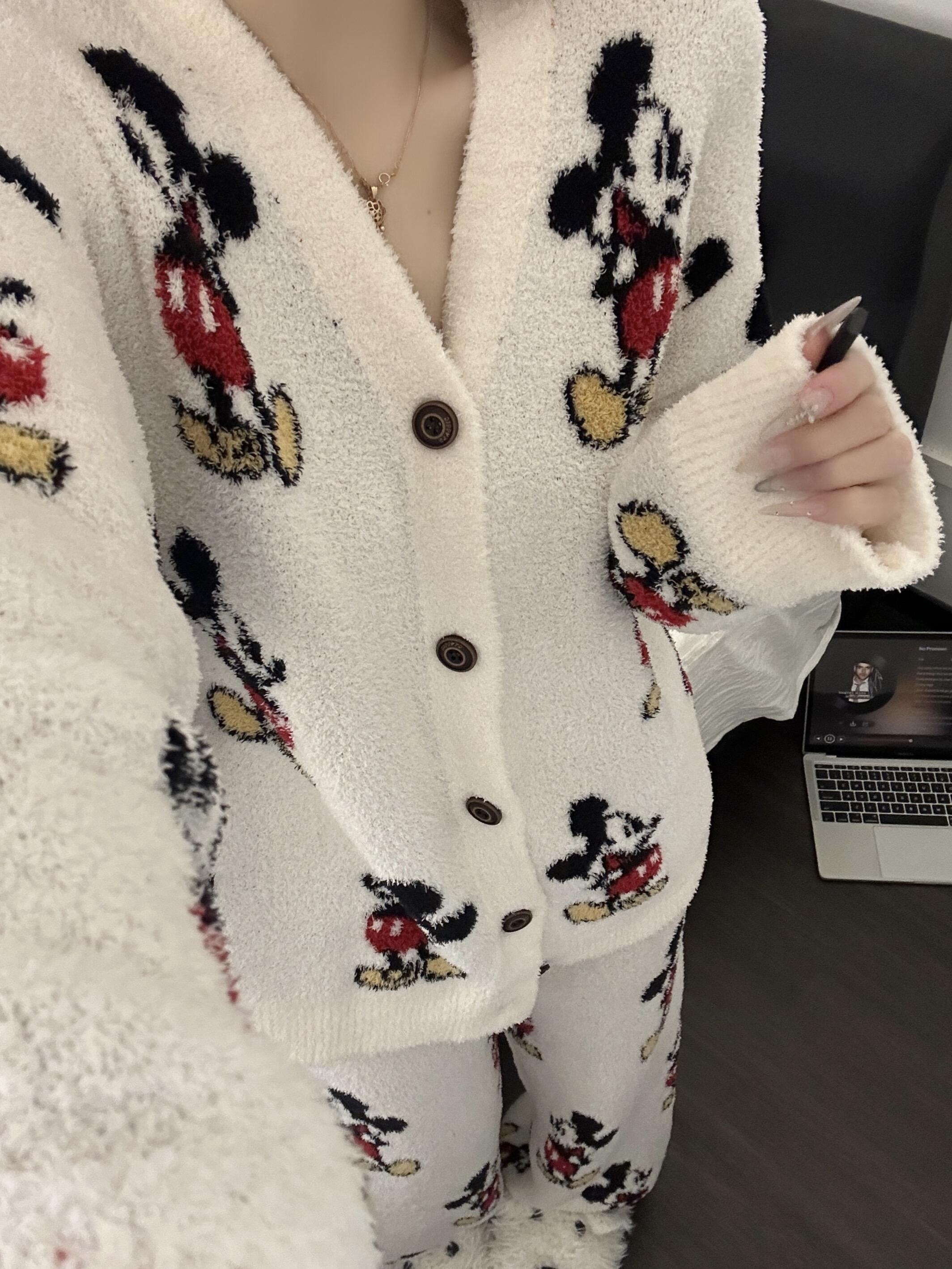 韩系卡通趣味米奇针织半边绒睡衣女冬季新款套装加厚保暖家居服