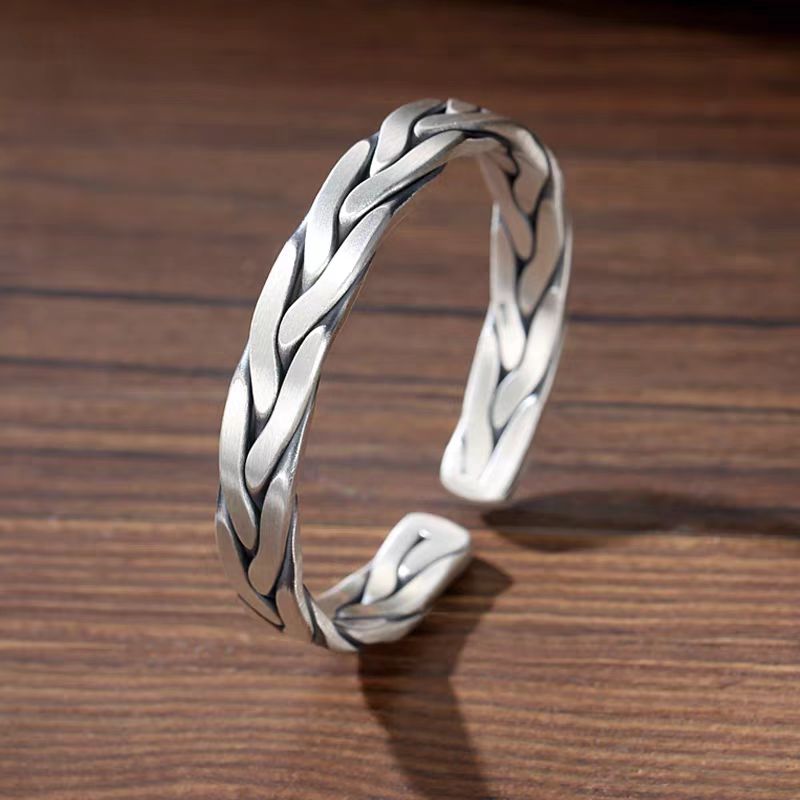 足银手镯 复古麻花足银999.9手镯哑光高级感纯银情侣礼物经典百搭