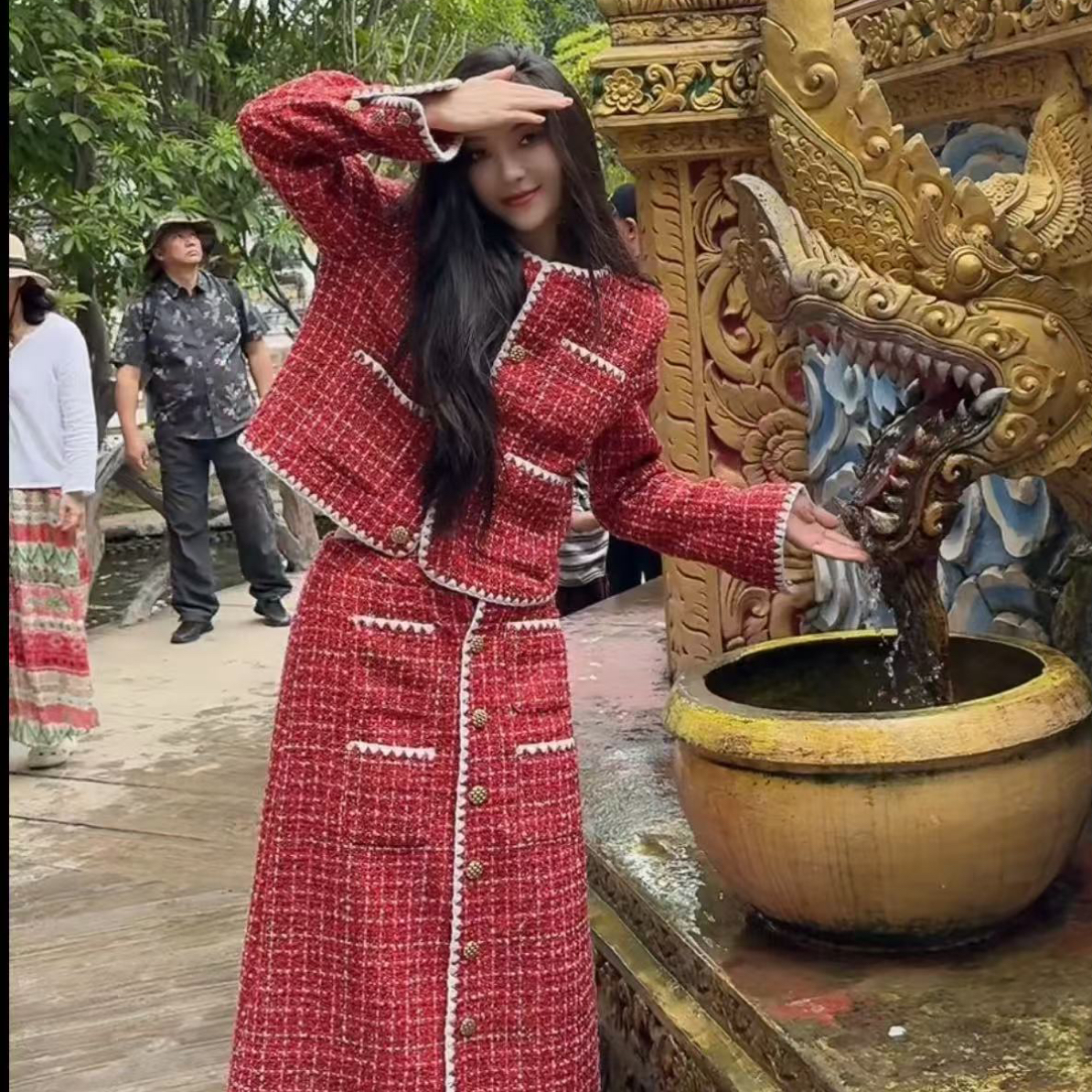 1121小香风羊毛粗花呢外套半身裙阔腿裤三件套
