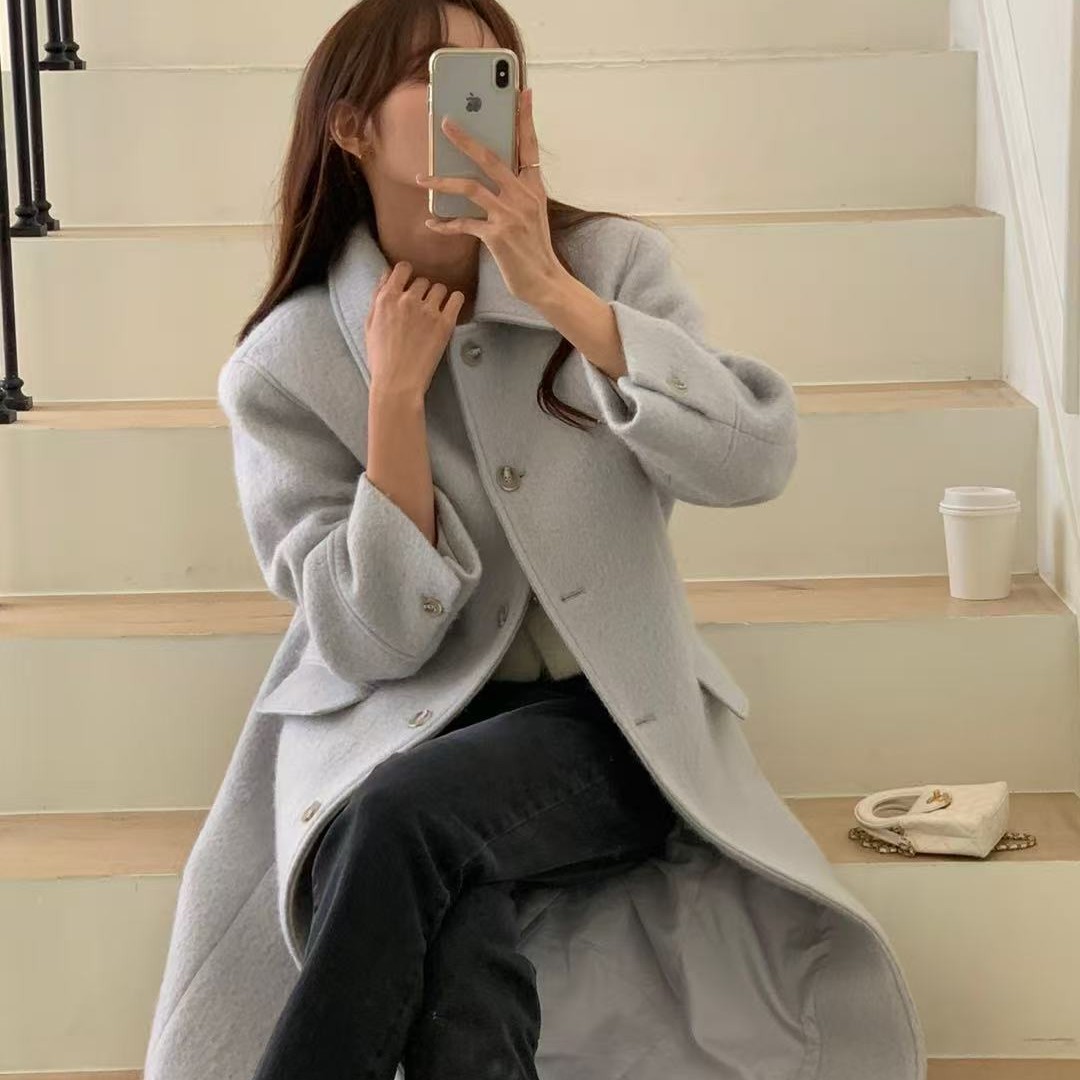 韩版气质显瘦长款大衣翻领设计秋冬外套