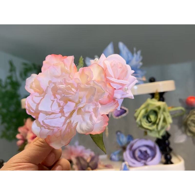 A040粉色牡丹玫瑰花朵抓夹懒人夹手工百搭复古古风古典超仙明制