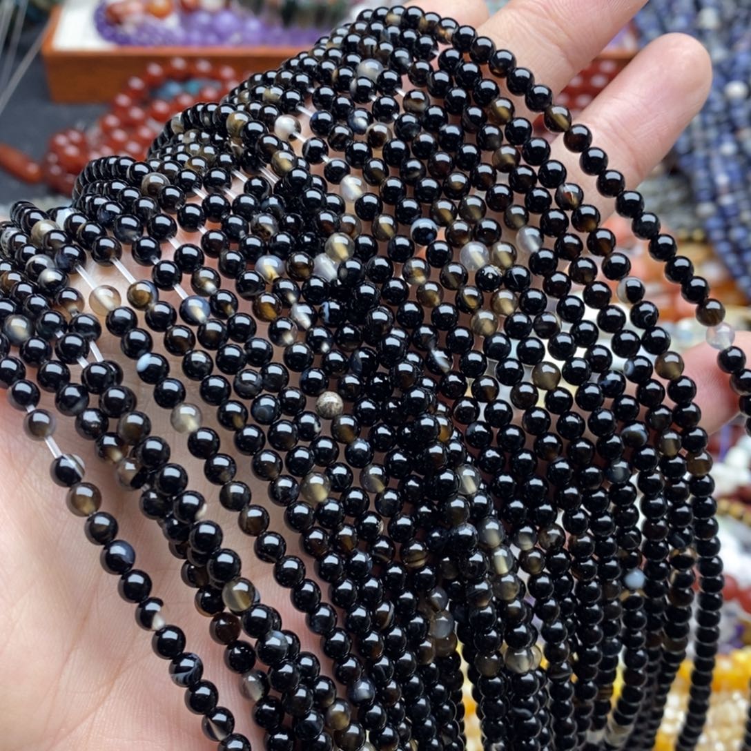 玛瑙/玉髓未镶嵌珠宝半成品一条纯天然4mm黑玛瑙圆珠