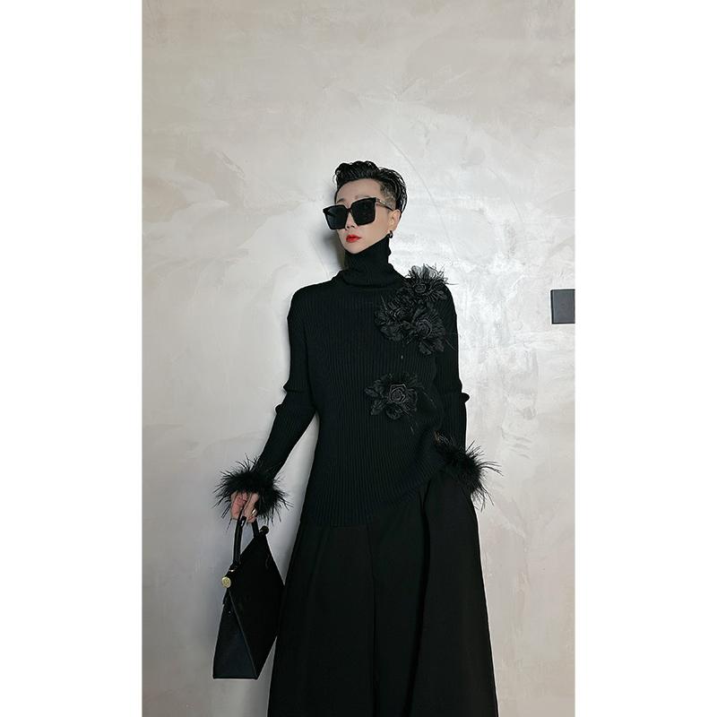 Dan Dan 黑色高领拼接立体花朵毛衣女 秋冬新款女人味针织衫