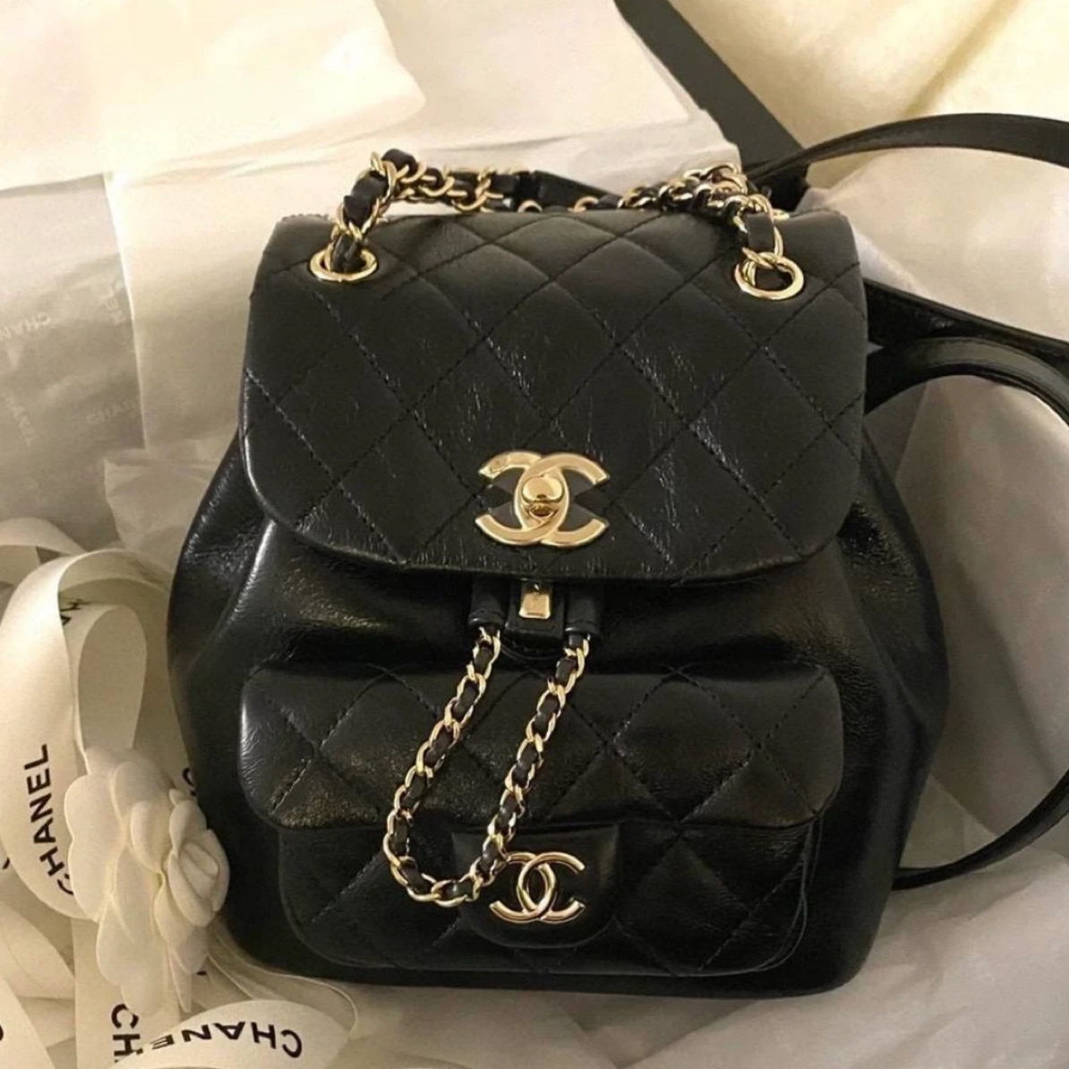 95新 Chanel/香奈儿 多多奢品/香奈儿黑金油腊皮duma双肩包/98新