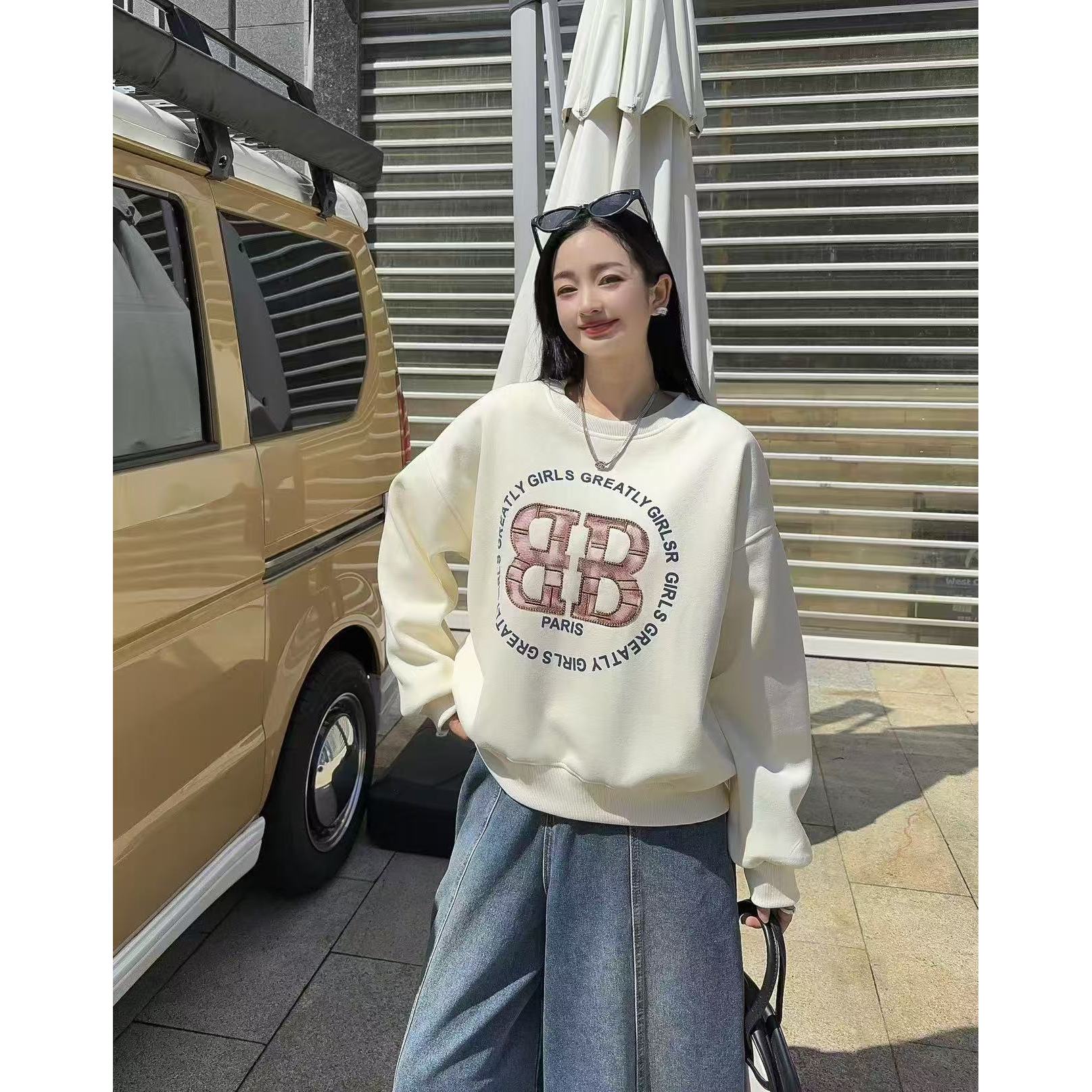 纪凡姬/8950-女士新款字母印花套头卫衣圆领宽松休闲潮流长袖上衣