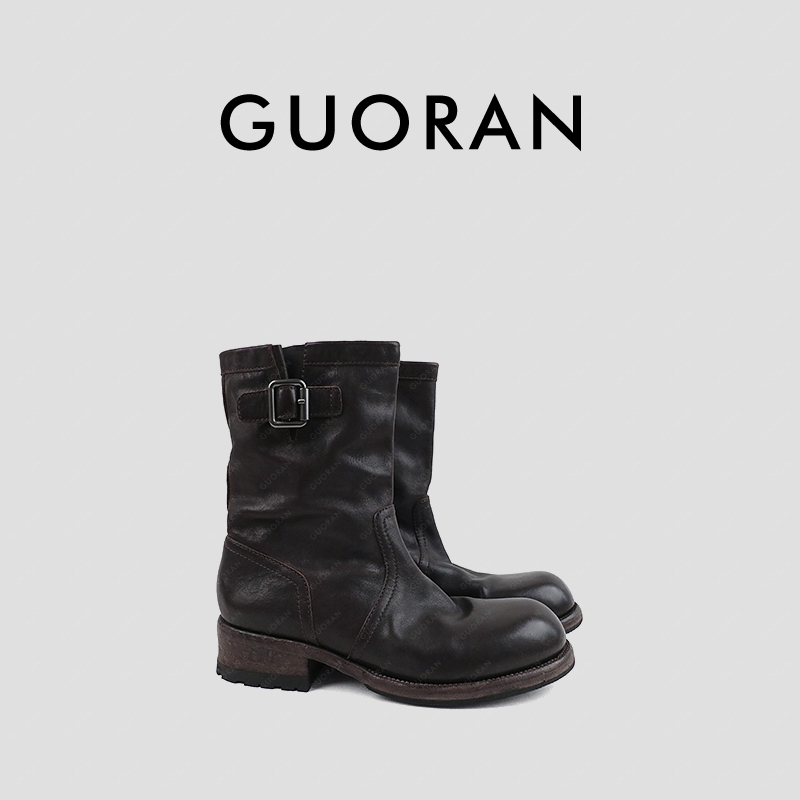 科莫交融主义整鞋水洗马皮扣带配饰短筒机车西部及踝靴