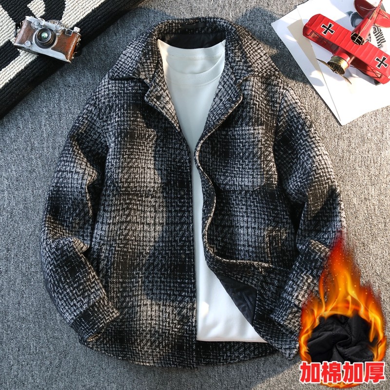 2025秋季毛呢格子外套男士加棉加厚休闲宽松痞帅翻领夹克5712